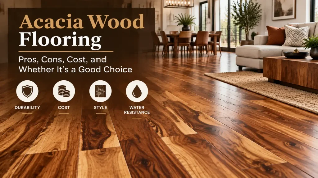 Modern home interior featuring acacia wood flooring with rich grain patterns, warm colors, and durable hardwood design