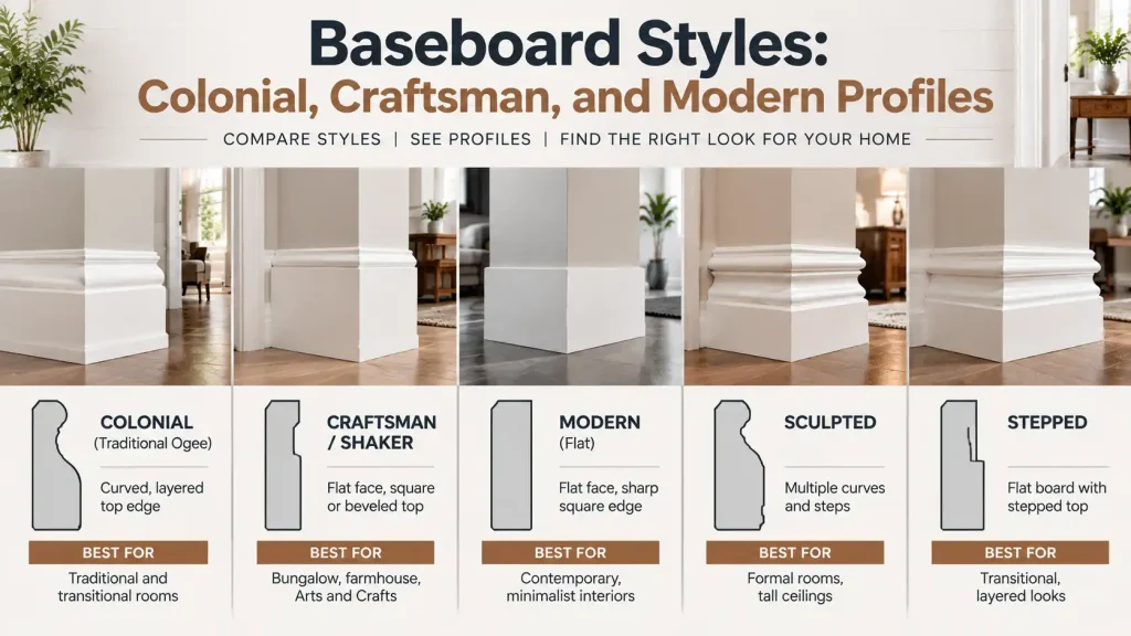 Baseboard styles comparison showing colonial, craftsman, modern, sculpted, and stepped baseboard profiles with interior examples