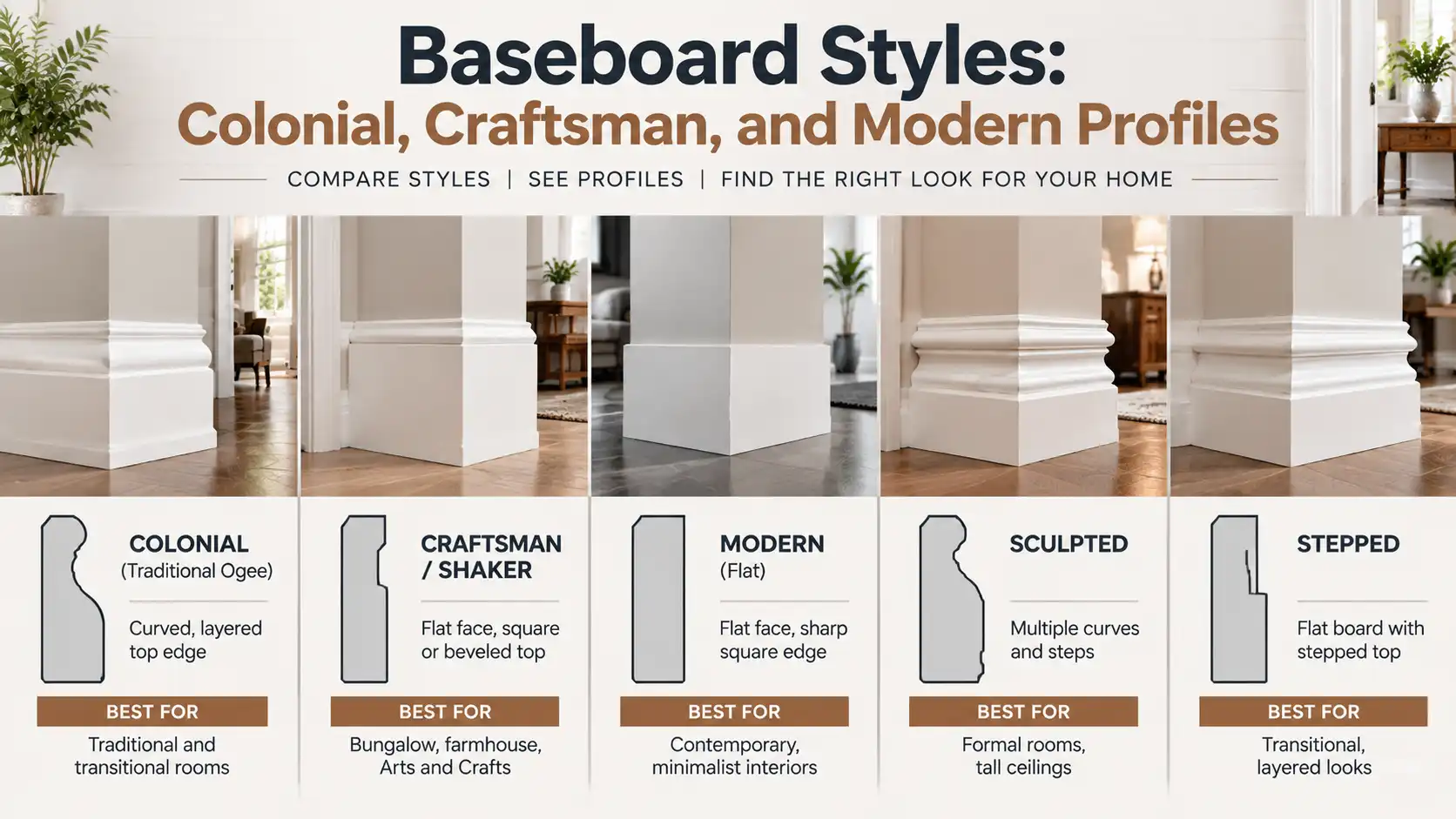 Baseboard styles comparison showing colonial, craftsman, modern, sculpted, and stepped baseboard profiles with interior examples