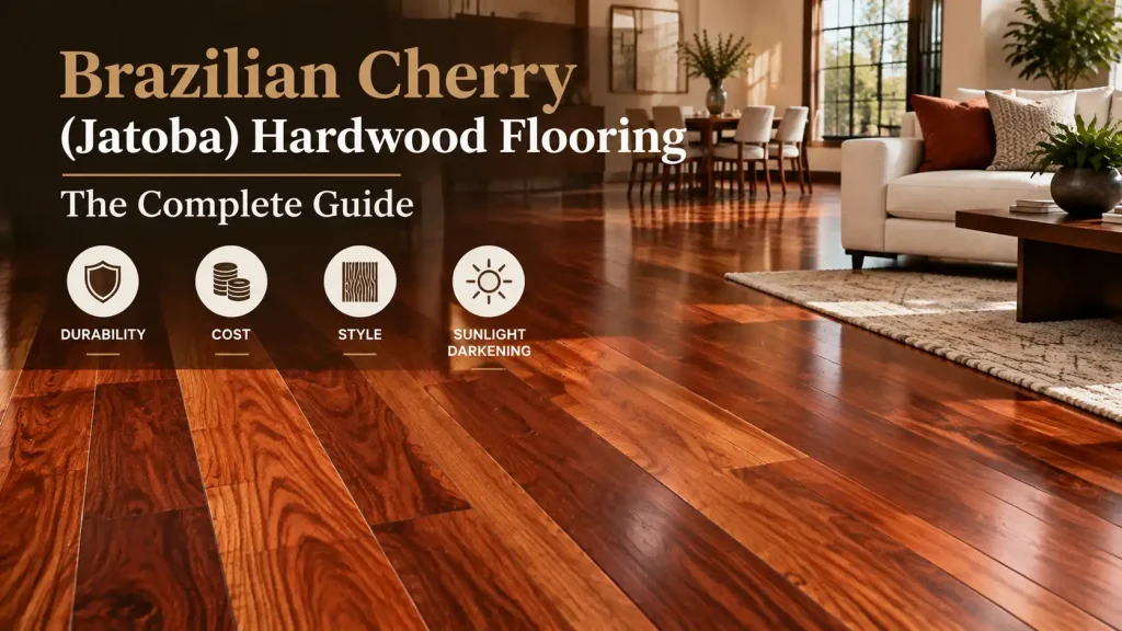 Luxury living room with Brazilian cherry Jatoba hardwood flooring featuring rich red-brown wood tones, durability, and elegant grain patterns