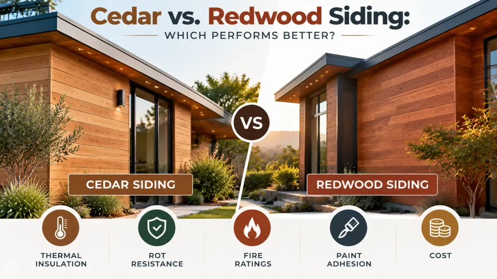 Cedar vs Redwood siding comparison showing modern wood homes with cedar and redwood exterior cladding, durability, insulation, fire rating, and cost differences