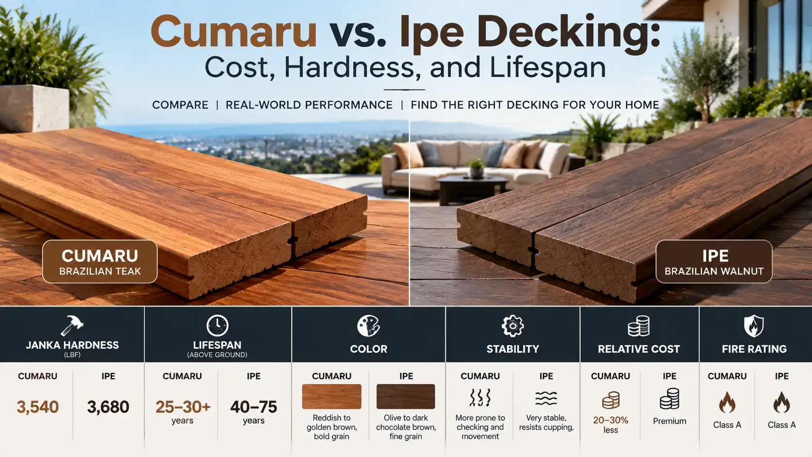 Cumaru vs ipe decking comparison showing tropical hardwood deck boards, wood grain, hardness, lifespan, stability, cost, and fire rating differences
