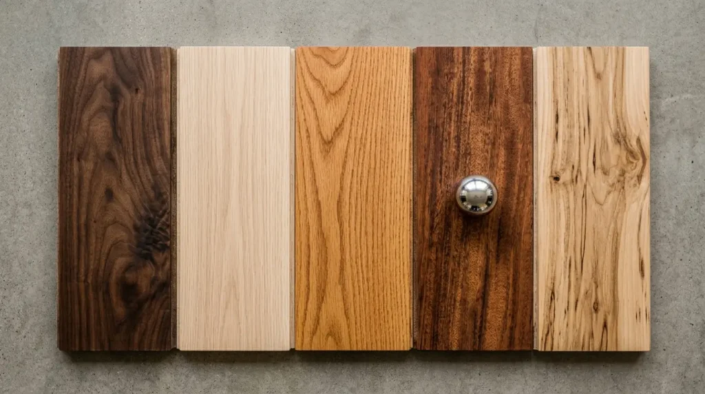 Alt text: Hardwood flooring samples from walnut to Brazilian cherry arranged side-by-side with a steel ball representing the Janka hardness test.