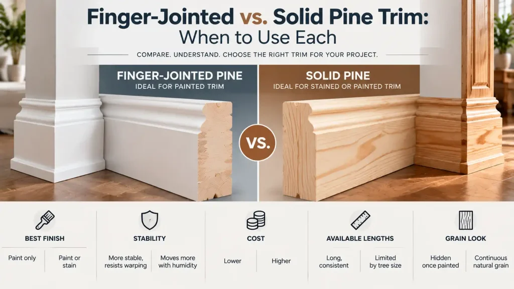 Finger-jointed vs solid pine trim comparison showing painted and stained wood trim profiles, grain differences, stability, and cost factors