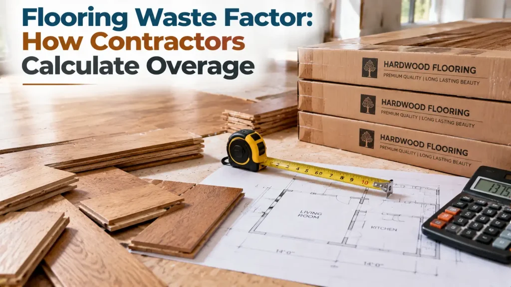 Flooring waste factor calculation showing hardwood flooring boxes, cutting layouts, measurement tools, and extra material planning