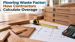 Flooring waste factor calculation showing hardwood flooring boxes, cutting layouts, measurement tools, and extra material planning