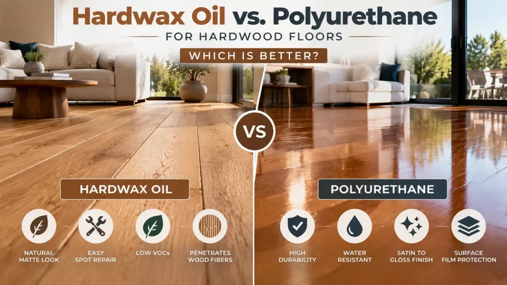 Hardwax oil vs polyurethane for hardwood floors comparison showing natural matte wood finish and glossy protective coating differences