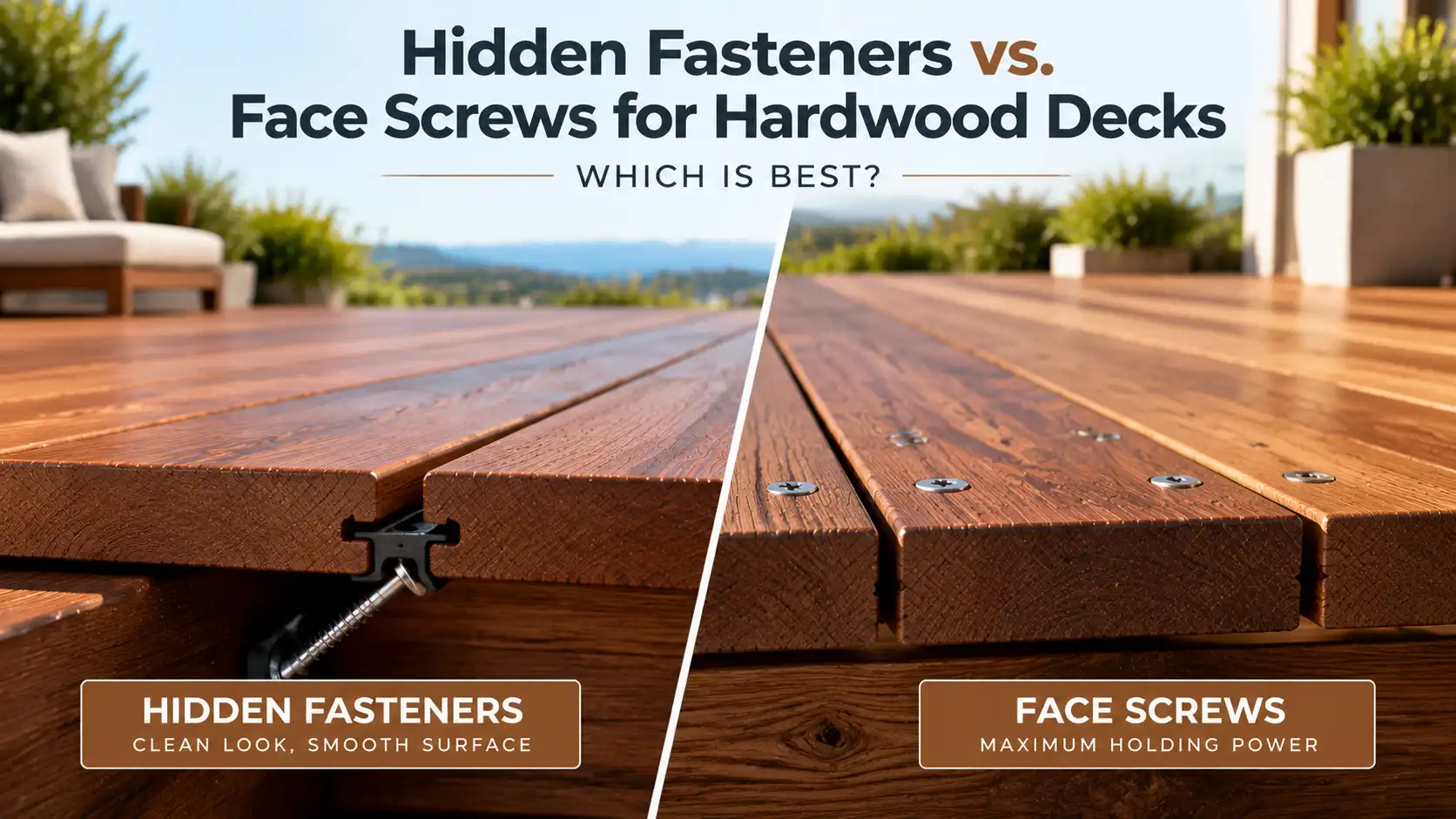 Hidden fasteners vs face screws for hardwood decks comparison showing screw-free decking clips and visible face screw installation methods