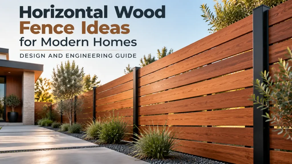 Horizontal wood fence ideas for modern homes featuring contemporary horizontal cedar-style boards with black posts and landscape design