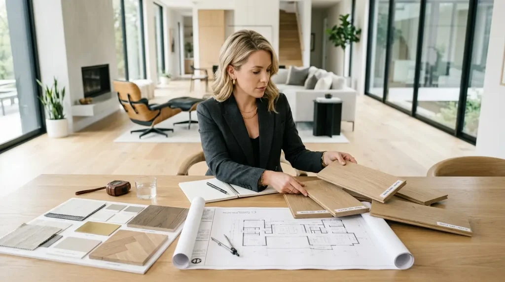 How designers specify hardwood flooring for client projects showing wood samples, architectural plans, and interior flooring selections