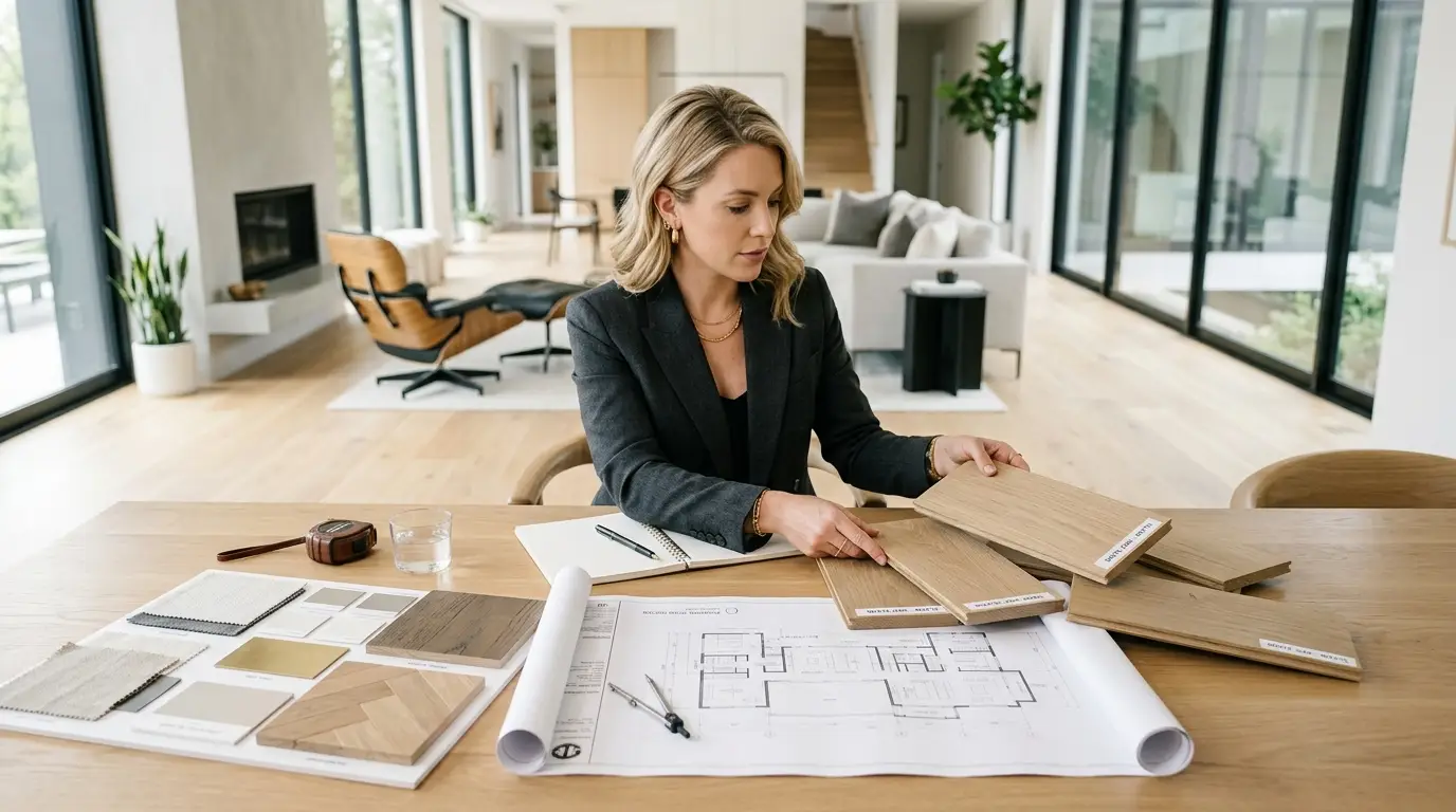 How designers specify hardwood flooring for client projects showing wood samples, architectural plans, and interior flooring selections