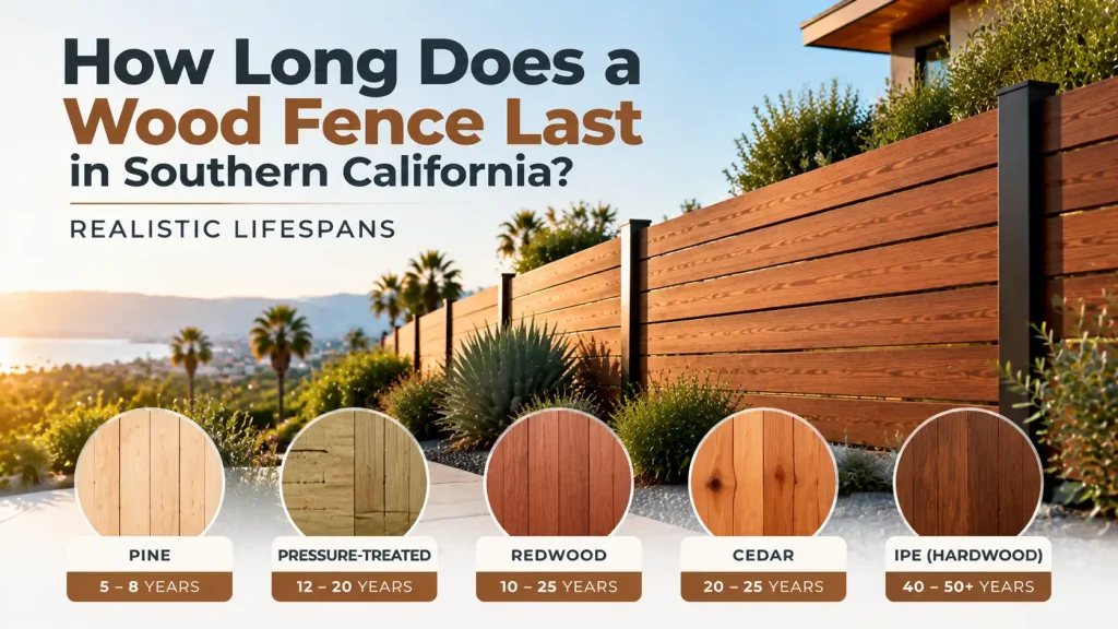 How long does a wood fence last in Southern California showing wood fence lifespan comparison for pine, redwood, cedar, and ipe hardwood
