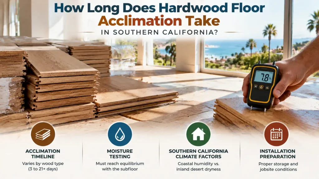 How long does hardwood floor acclimation take showing stacked wood flooring, moisture testing, and installation preparation timeline