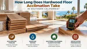 How long does hardwood floor acclimation take showing stacked wood flooring, moisture testing, and installation preparation timeline