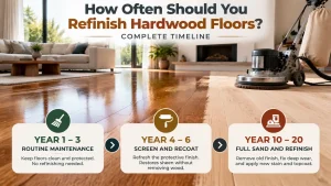 How often should you refinish hardwood floors showing hardwood floor refinishing process, sanding, coating, and maintenance timeline