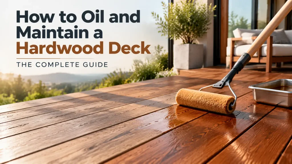How to oil and maintain a hardwood deck with a roller applying penetrating oil to outdoor wood decking