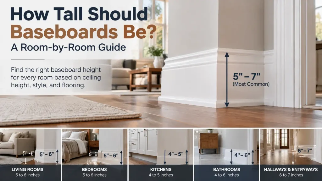 How tall should baseboards be guide showing ideal baseboard heights by room with modern interior examples and measurement diagrams