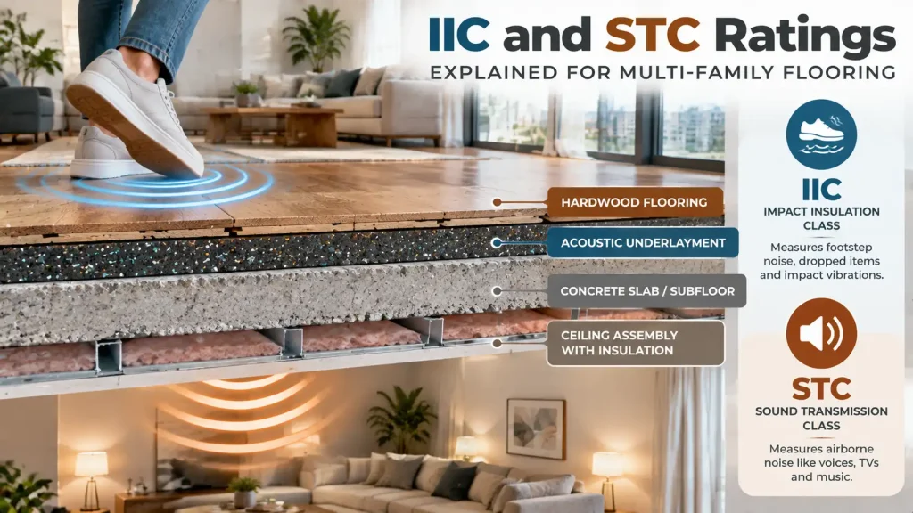 IIC and STC ratings for hardwood floors showing acoustic underlayment, condo flooring assembly, and sound transmission control