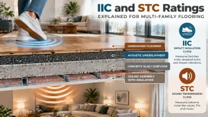 IIC and STC ratings for hardwood floors showing acoustic underlayment, condo flooring assembly, and sound transmission control