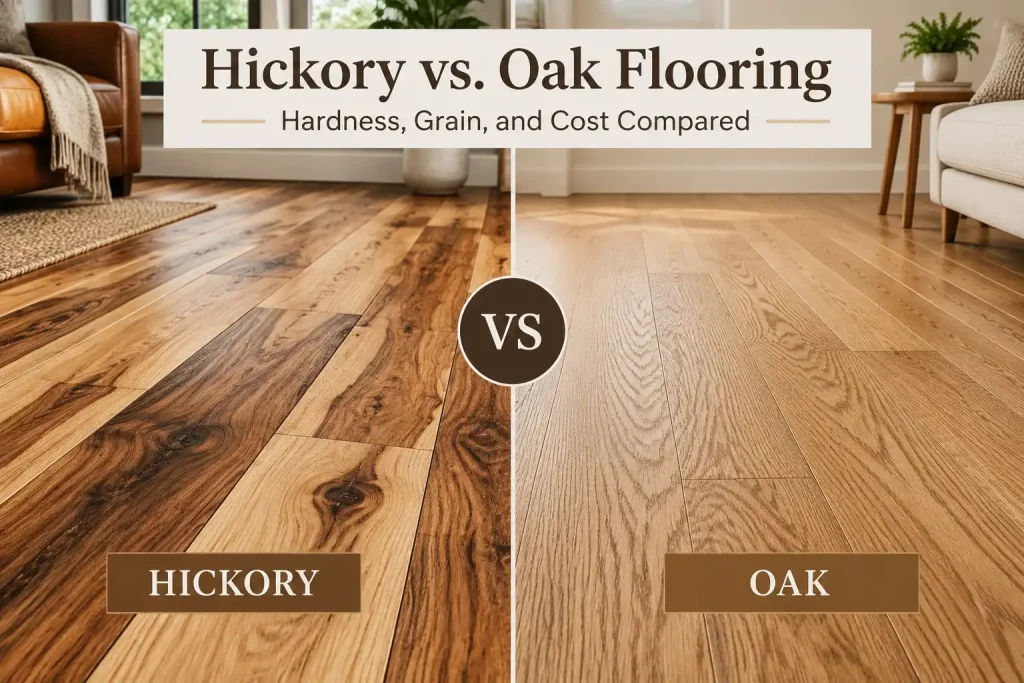 Side-by-side comparison of hickory and oak hardwood flooring showing differences in wood grain, color variation, and interior flooring styles