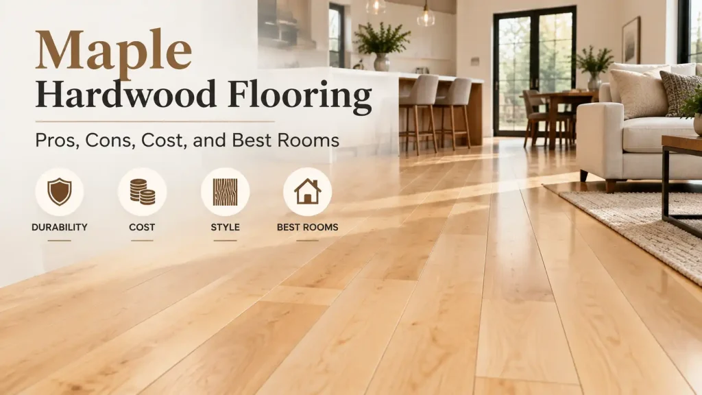 Bright modern interior featuring maple hardwood flooring with light wood tones showcasing durability, style, cost, and ideal room applications