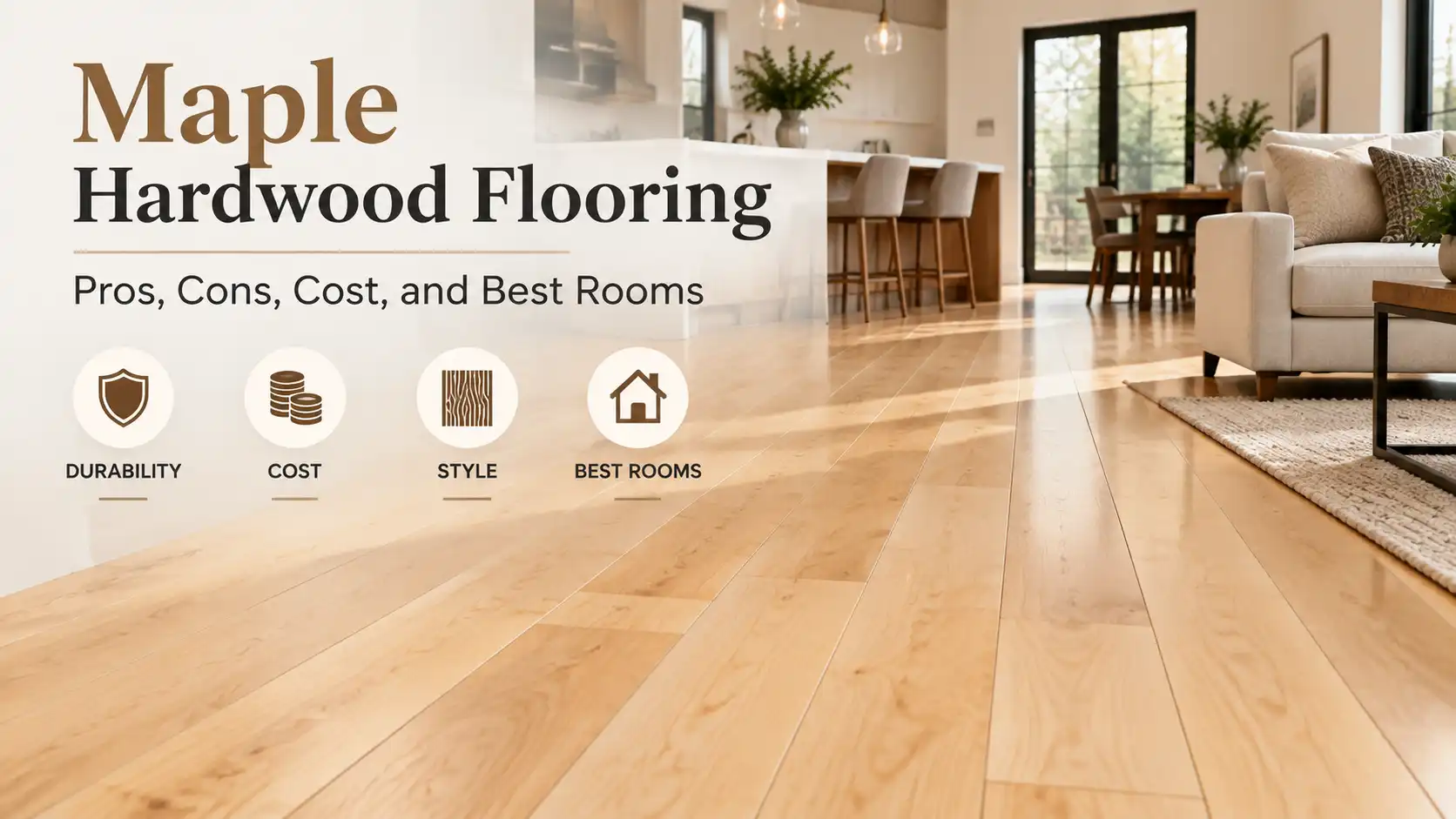 Bright modern interior featuring maple hardwood flooring with light wood tones showcasing durability, style, cost, and ideal room applications