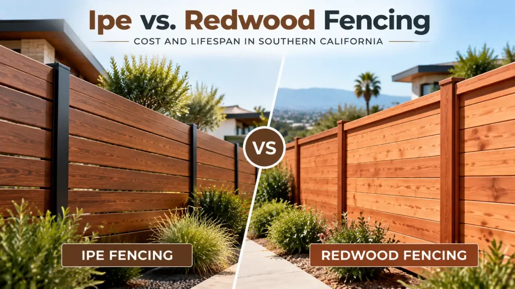 Ipe vs Redwood fencing comparison showing premium hardwood and redwood fence panels with differences in durability, cost, and lifespan