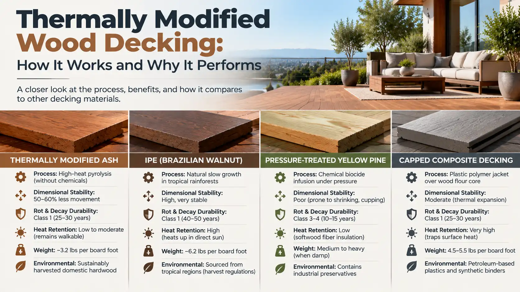 Thermally modified wood decking comparison showing modified ash, ipe, pressure-treated pine, and composite decking materials with durability and performance details
