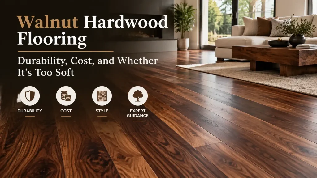 Modern living room featuring rich walnut hardwood flooring with dark wood grain showcasing durability, cost, and luxury flooring style